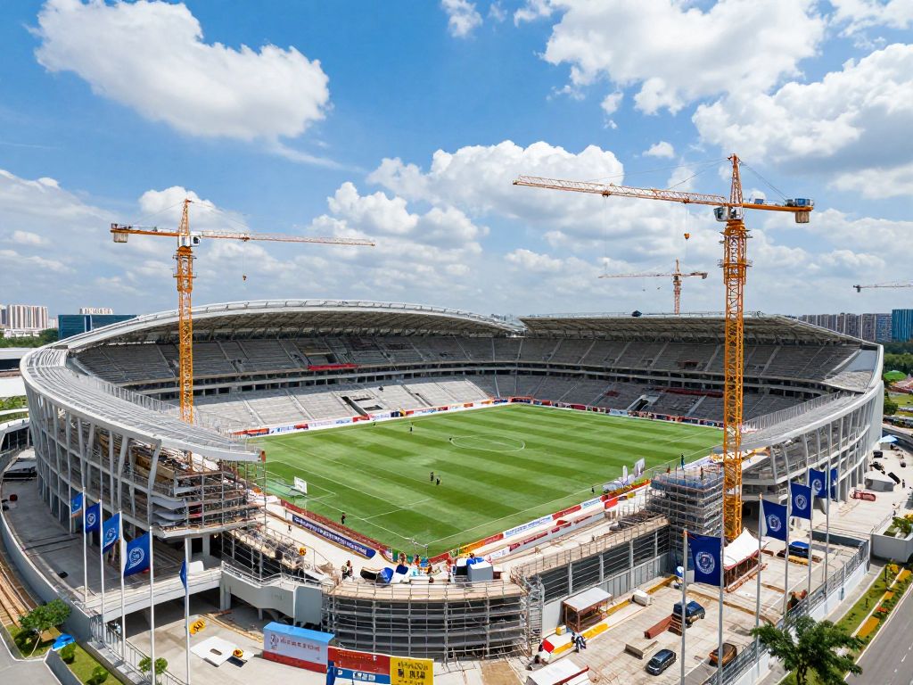 Image of Williams-Brice Stadium undergoing renovation with construction equipment.