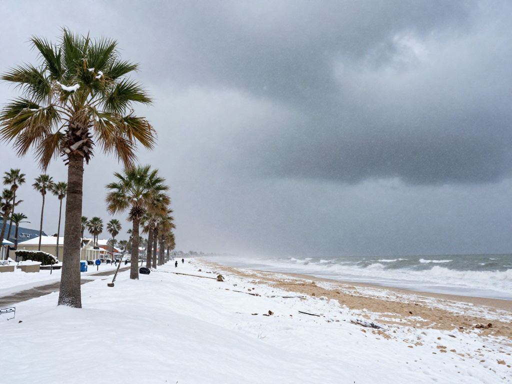A winter scene depicting Myrtle Beach covered in snow
