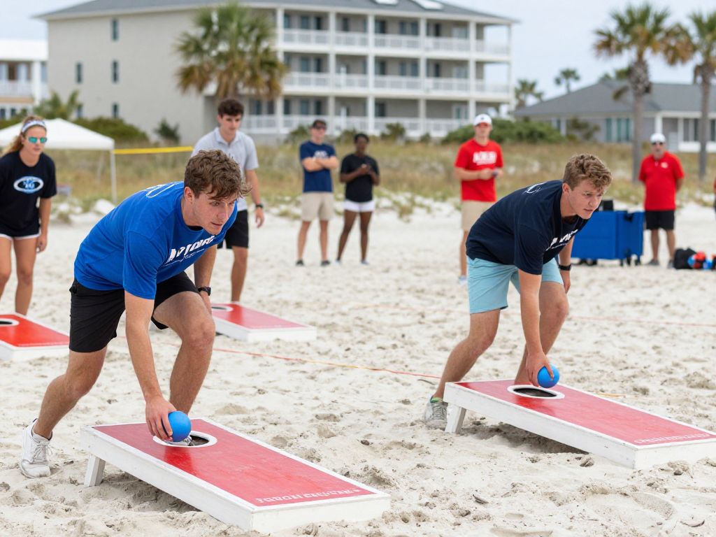 College athletes competing in a cornhole match in Myrtle Beach