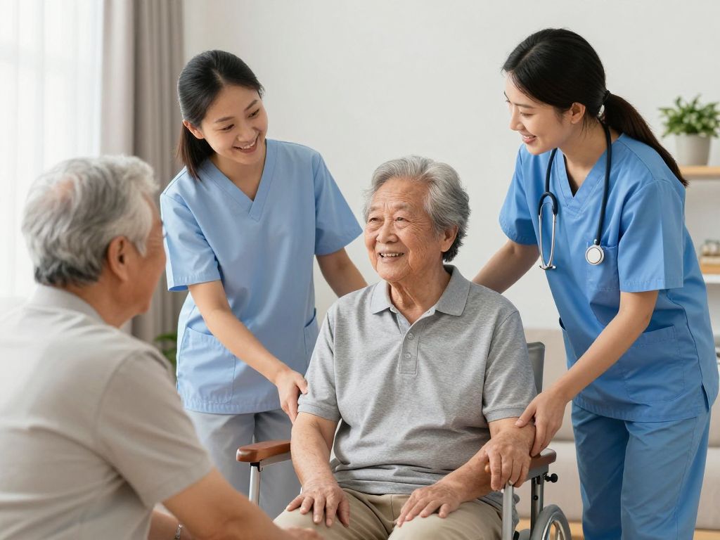 Caregiver helping a senior in a cozy home environment
