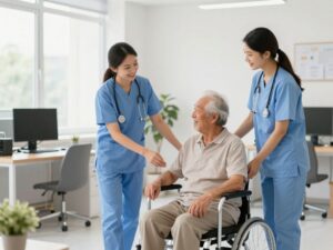Interior of Caring Senior Service office with caregivers helping seniors