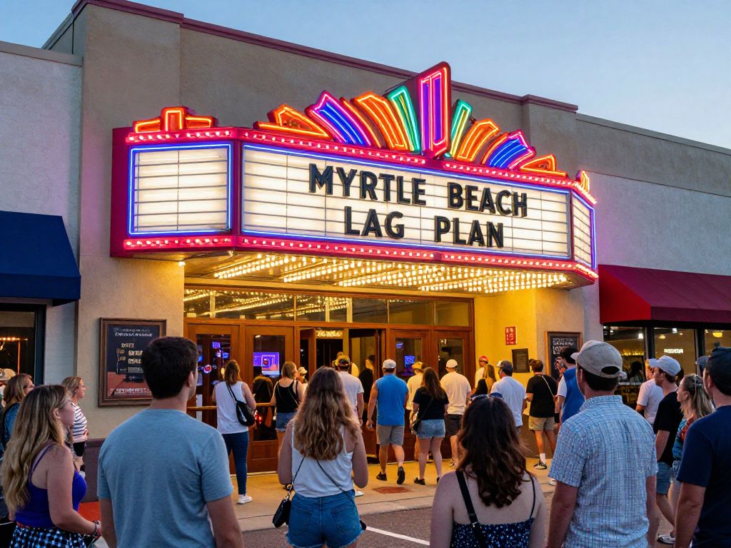 Facade of the Carolina Opry Theater at night with lights and audience