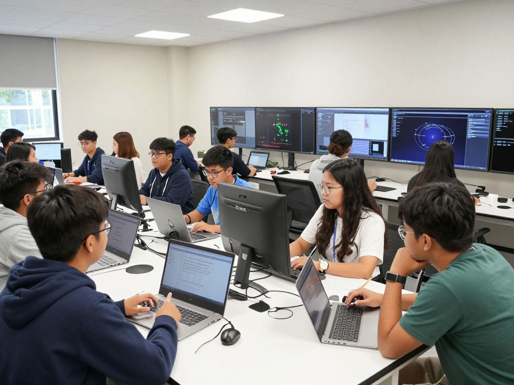 Students participating in hands-on learning at the Titan Simulation Center.