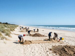Workers engaged in dune restoration at Cherry Grove Beach in North Myrtle Beach.