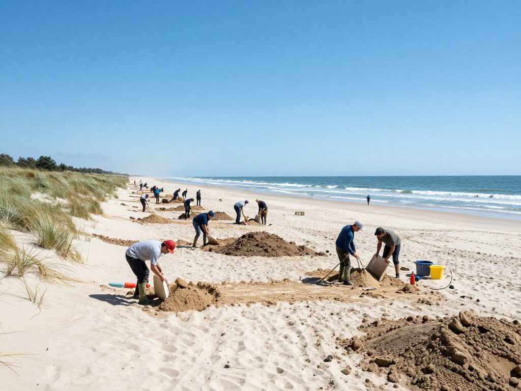 Workers engaged in dune restoration at Cherry Grove Beach in North Myrtle Beach.
