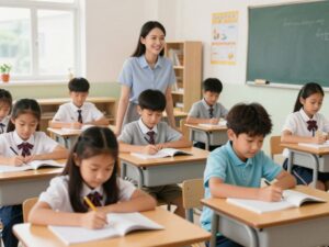 Students and teachers collaborating in a classroom
