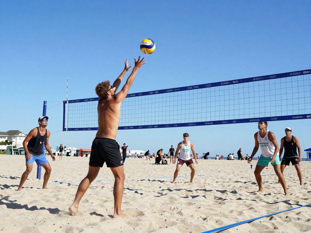 Collegiate beach volleyball players competing on the sand