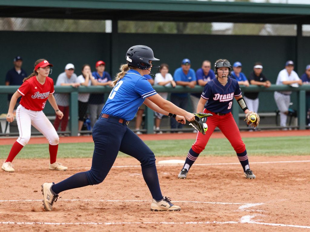Collegiate softball players in action during a game