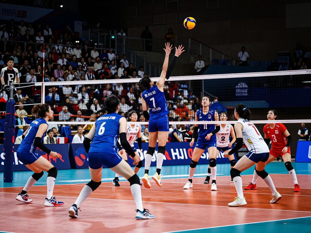 Volleyball players in action during a match representing Coastal Carolina.