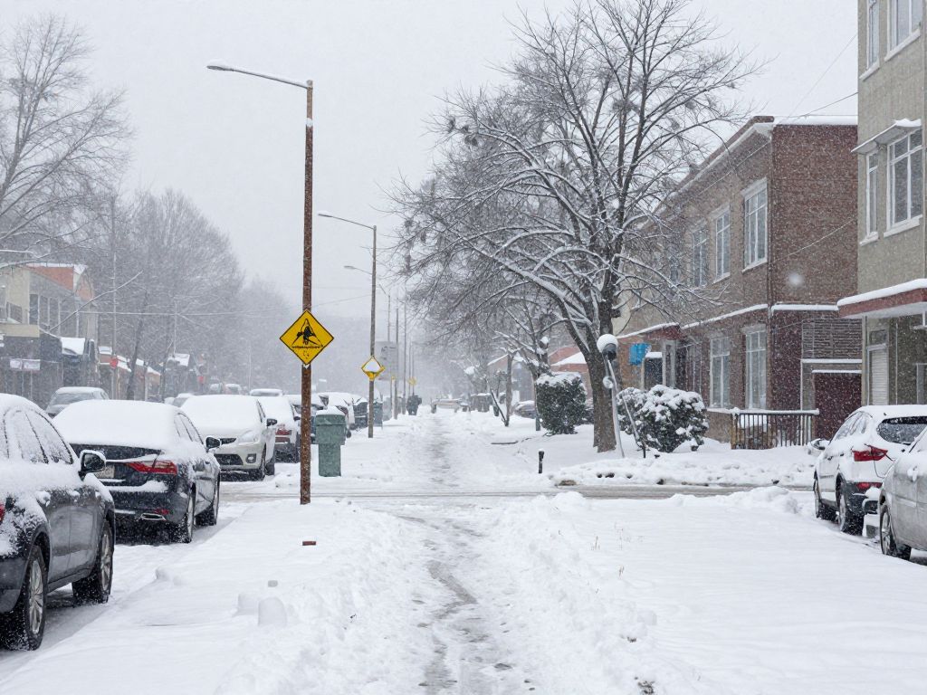 Snow-covered street in Conway during a winter storm