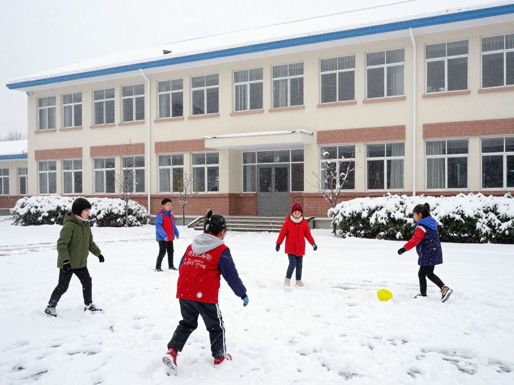 Darlington County School covered in snow with students playing outside