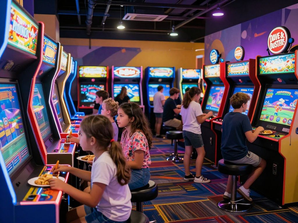 Families enjoying half-price games at Dave & Buster's in Myrtle Beach