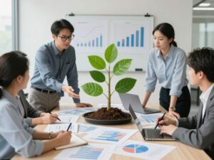 Business team celebrating success and growth in the office