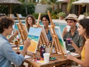 Friends celebrating Galentine's Day at a paint night event in Myrtle Beach