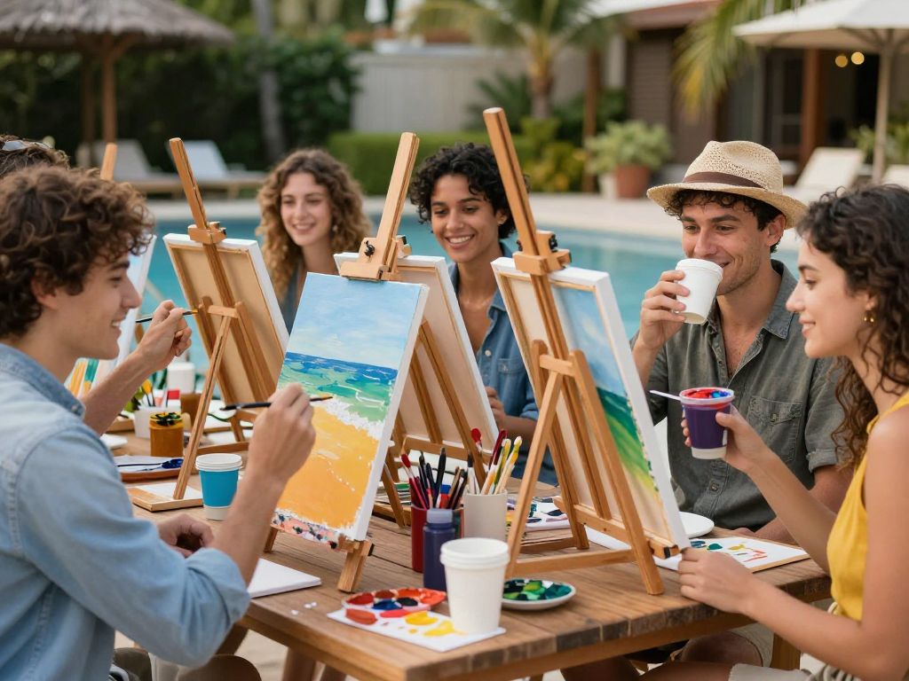 Friends celebrating Galentine's Day at a paint night event in Myrtle Beach