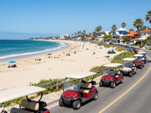 Golf carts along a beach highway in Surfside Beach