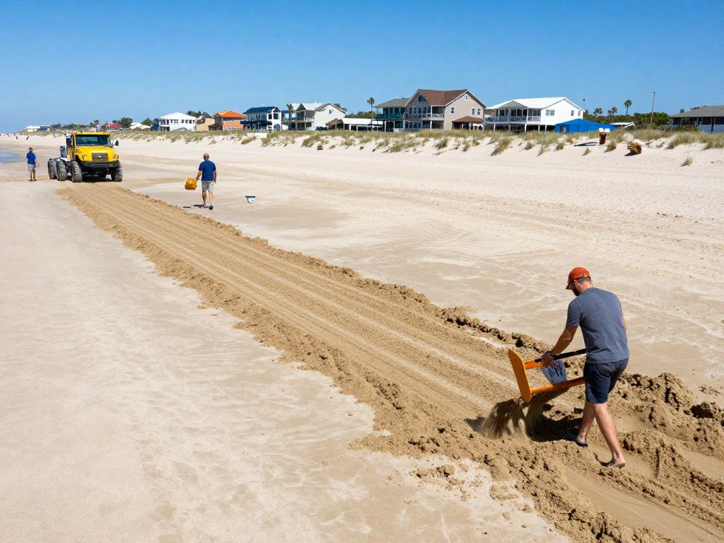 People and equipment working on the Grand Strand Beach renourishment project.