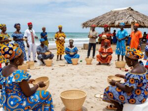 Artistic representation of Gullah Geechee traditions and community gatherings