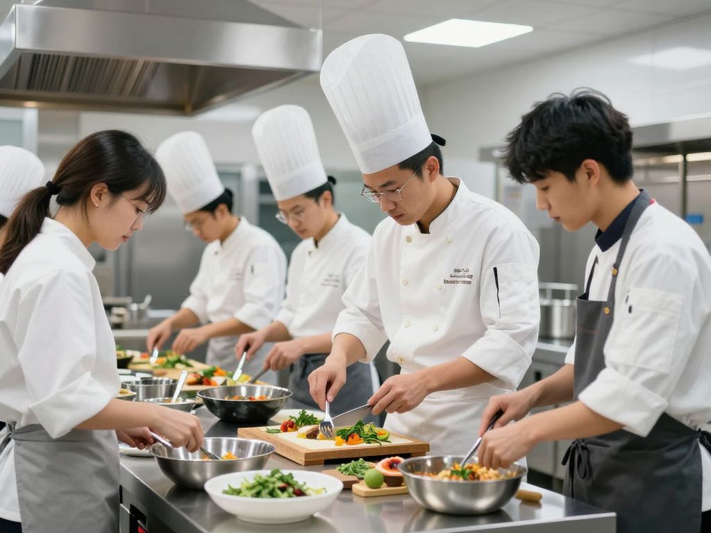 Students and chefs in a professional kitchen at HGTC Culinary Institute