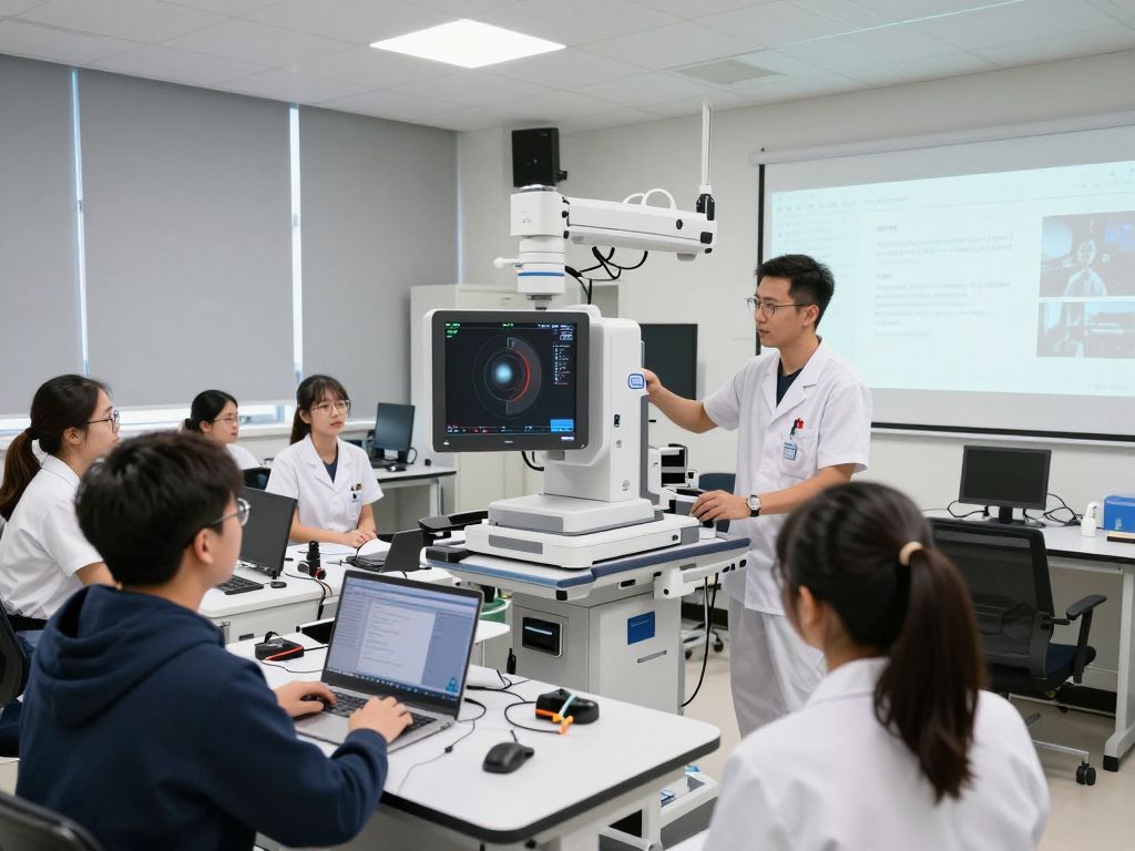 Students training in a modern imaging sciences classroom equipped with advanced technology.