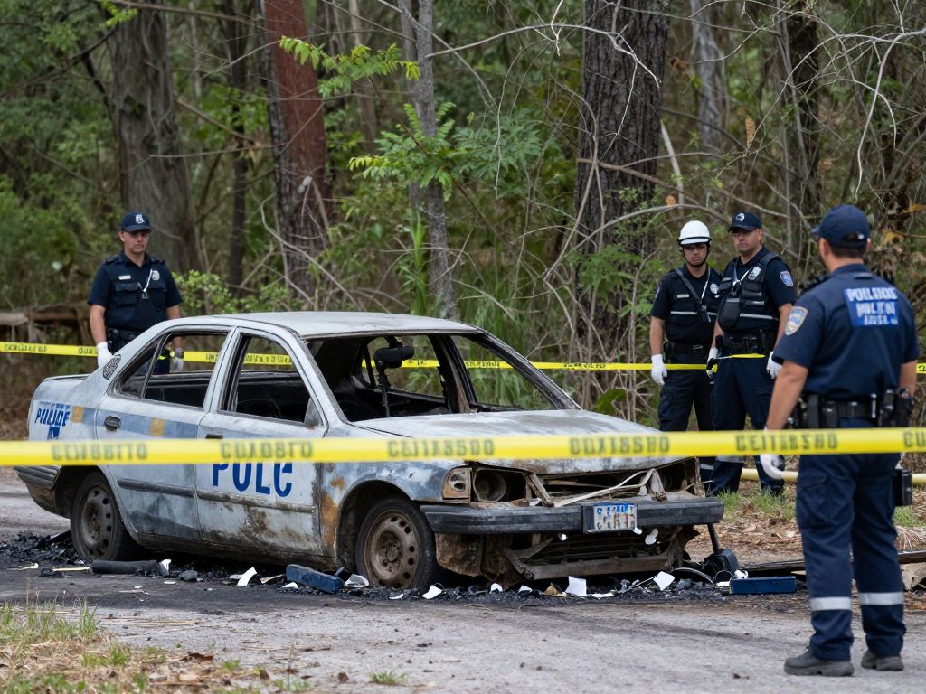 Investigation at a crime scene involving a burned vehicle in Horry County