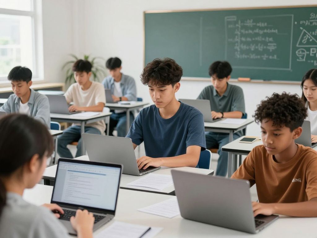 Students using technology in a modern classroom