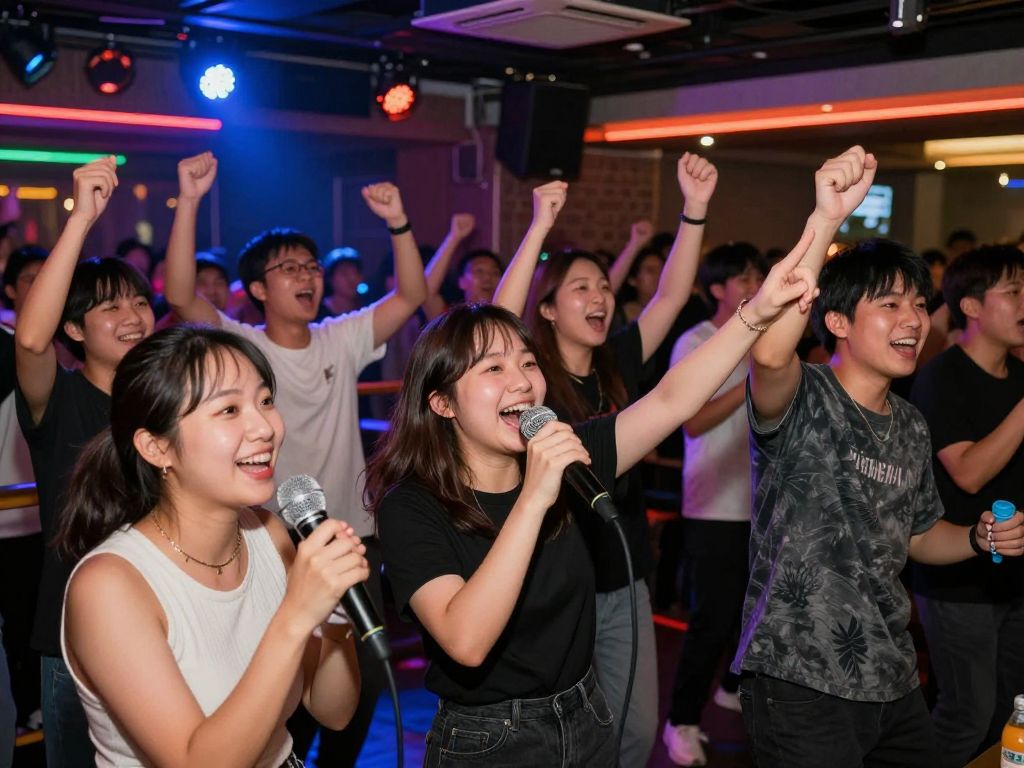 A vibrant karaoke night scene at The Hangout Myrtle Beach with participants singing and enjoying themselves