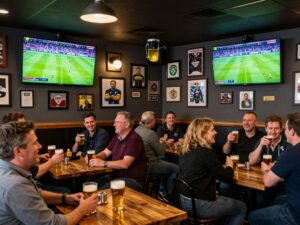 Interior of Lad's Sports Bar & Grill with patrons enjoying food and drinks while watching sports.