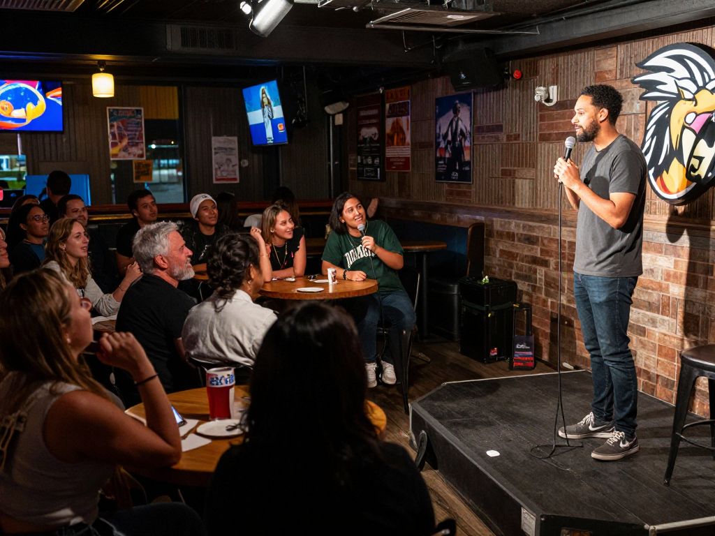 Crowd enjoying an Open Mic Comedy Night at I'm Not Here Sports Bar in Myrtle Beach.