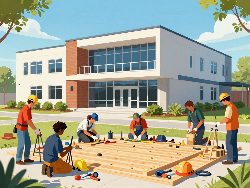 Exterior view of the Myrtle Beach Construction Academy with students in a training environment