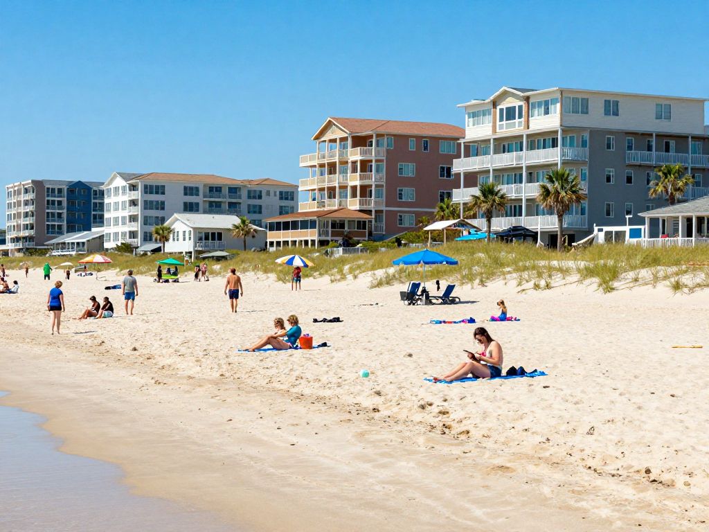 Tourists enjoying Myrtle Beach beachfront, showcasing local resorts and activities.