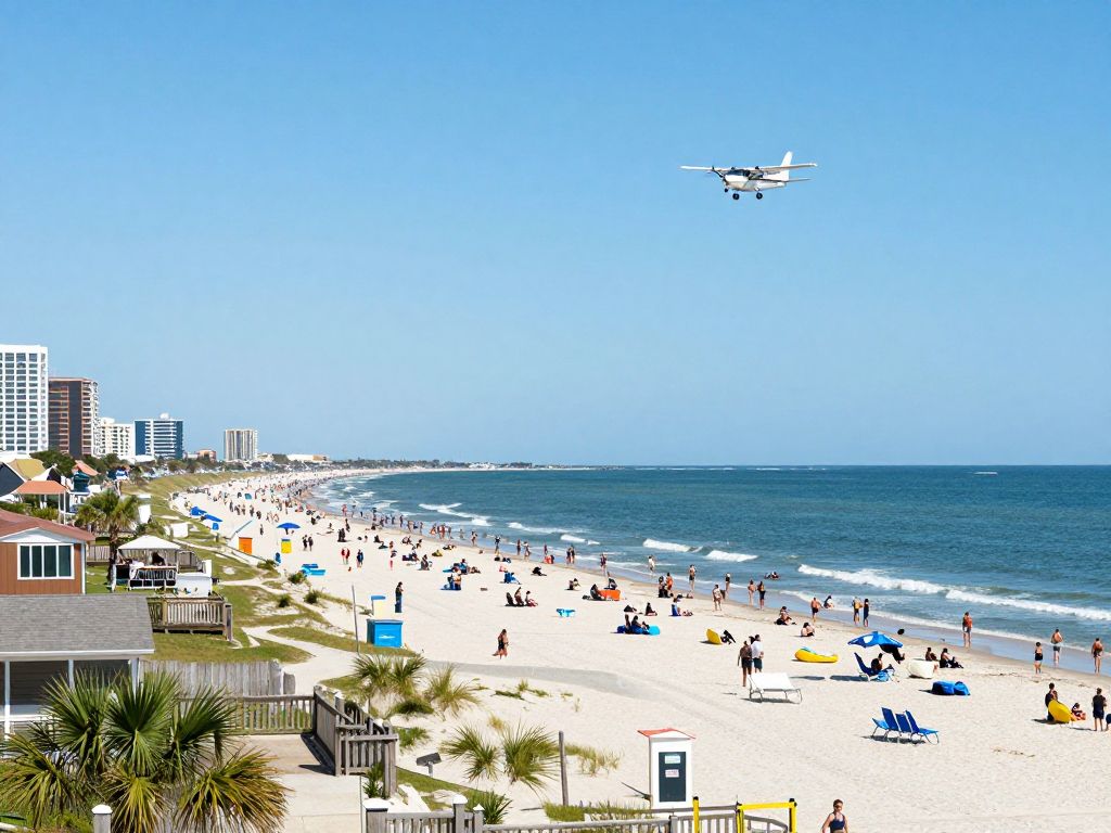 Scenic view of Myrtle Beach with an airplane in the sky