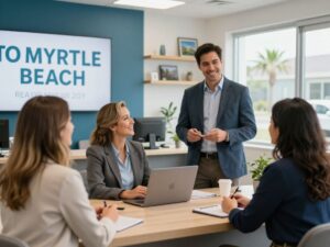 Real estate office in Myrtle Beach with professionals engaging with clients