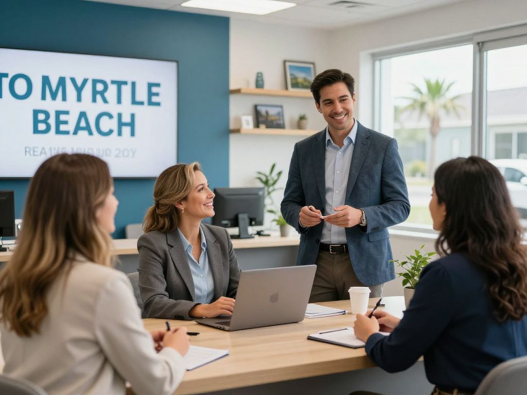 Real estate office in Myrtle Beach with professionals engaging with clients
