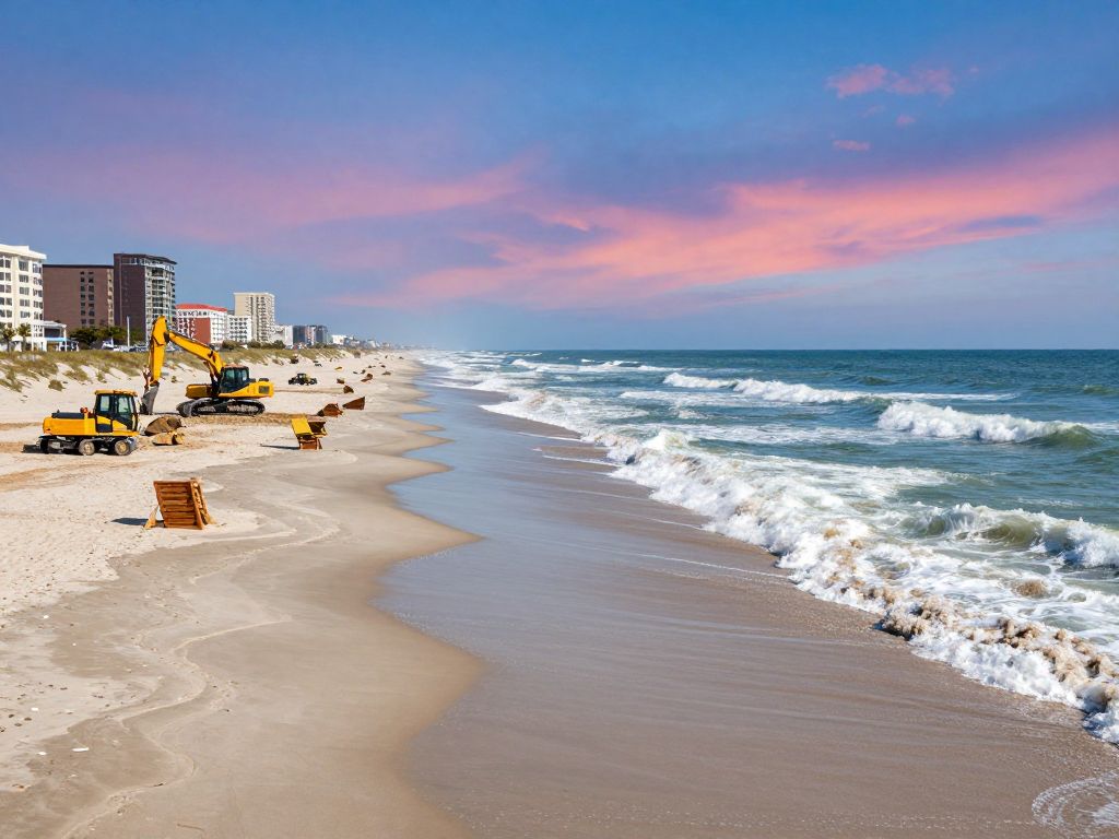Myrtle Beach shoreline undergoing reconstruction with construction equipment