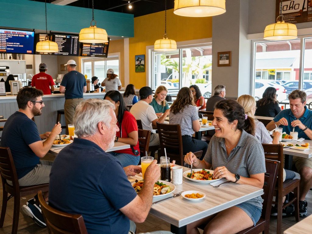 A lively restaurant scene in Myrtle Beach showcasing diners enjoying a variety of cuisines.