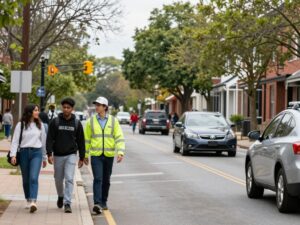 A busy Myrtle Beach street filled with students, emphasizing the importance of safety.