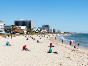 Beachgoers enjoying Myrtle Beach during spring break.