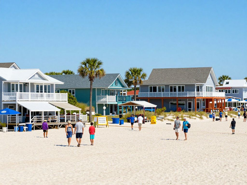 Tourists enjoying Myrtle Beach with community businesses in the background