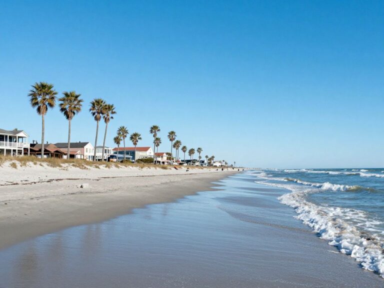 Clear winter day at Myrtle Beach with palm trees and ocean waves