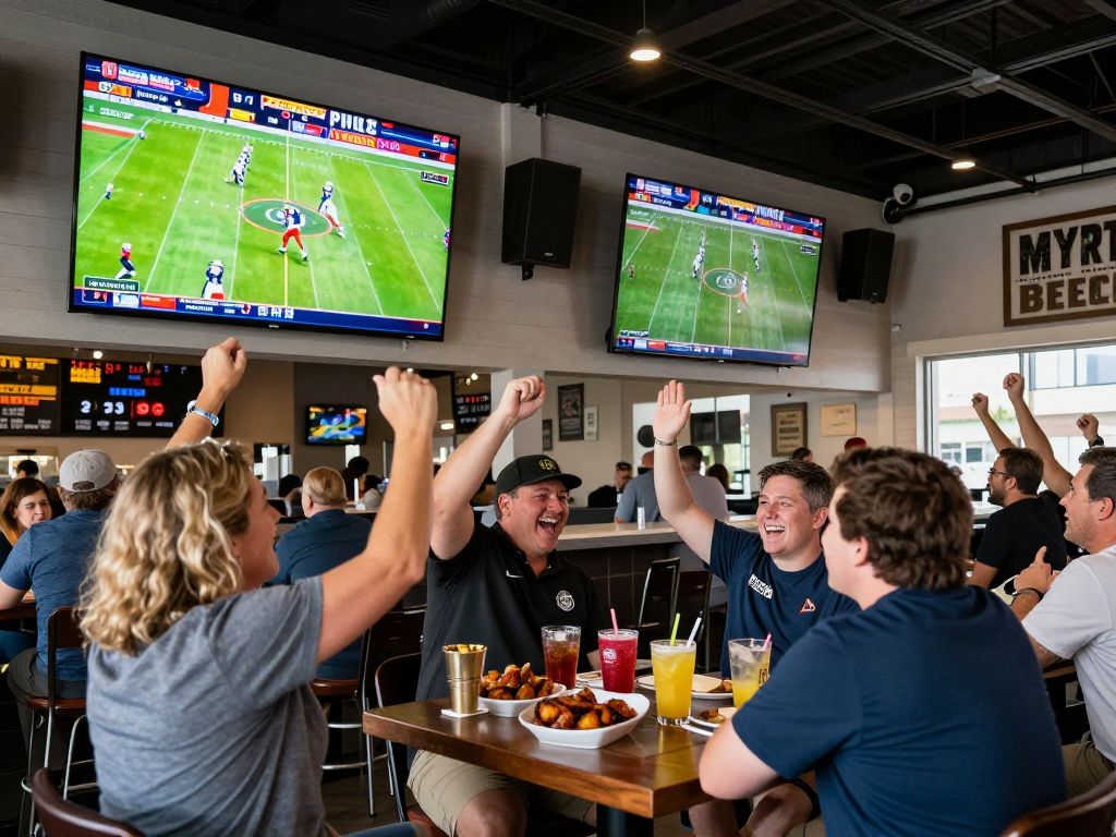 Crowd at Myrtle Beach watch party enjoying the Big Game