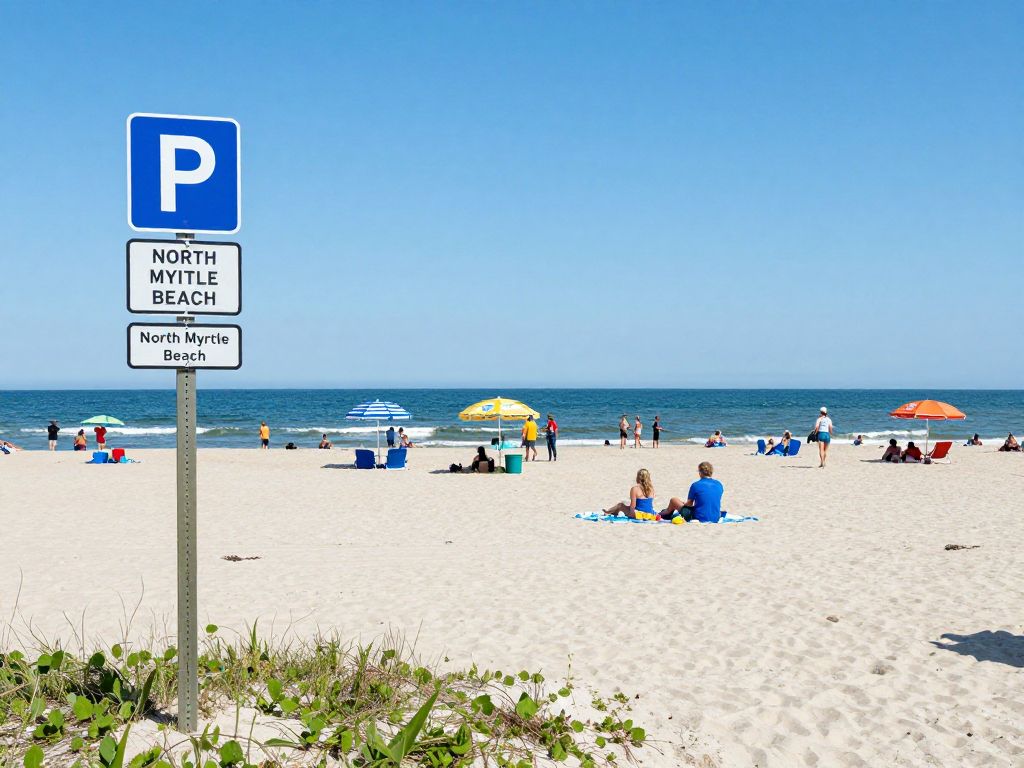 North Myrtle Beach parking registration scene with beach and signs