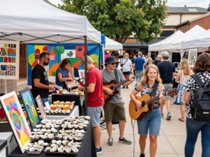 Festival attendees enjoying art and food at the Oysters & Art Festival in Myrtle Beach