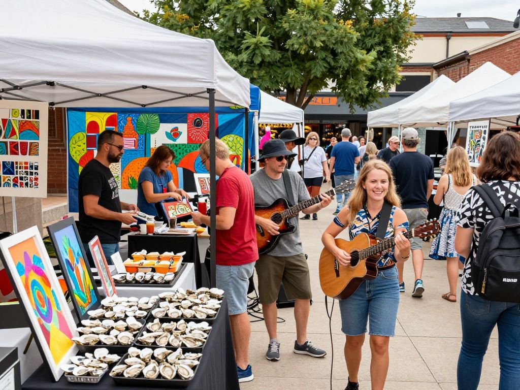 Festival attendees enjoying art and food at the Oysters & Art Festival in Myrtle Beach