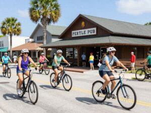 Group of people enjoying a Pedal Pub tour in downtown Myrtle Beach.