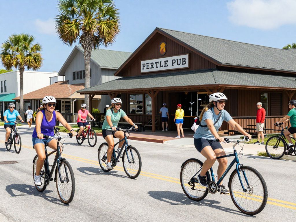 Group of people enjoying a Pedal Pub tour in downtown Myrtle Beach.