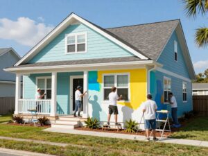 Professional painters applying paint to a house in Myrtle Beach.