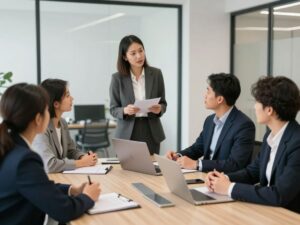 A diverse team in a real estate office discussing ethical practices.