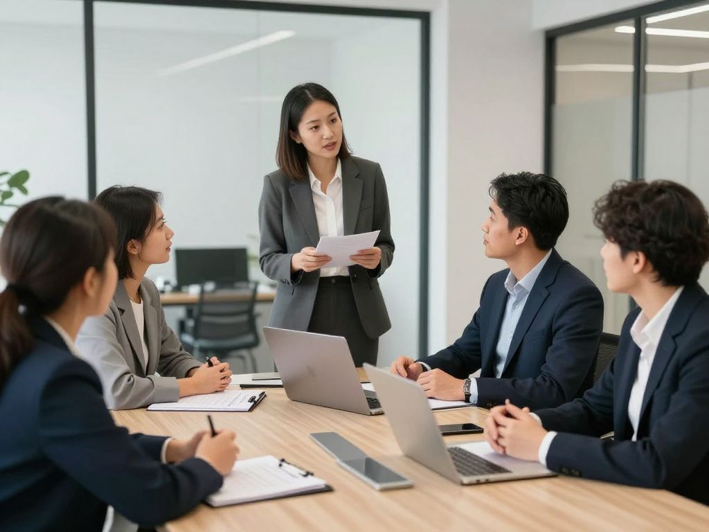 A diverse team in a real estate office discussing ethical practices.