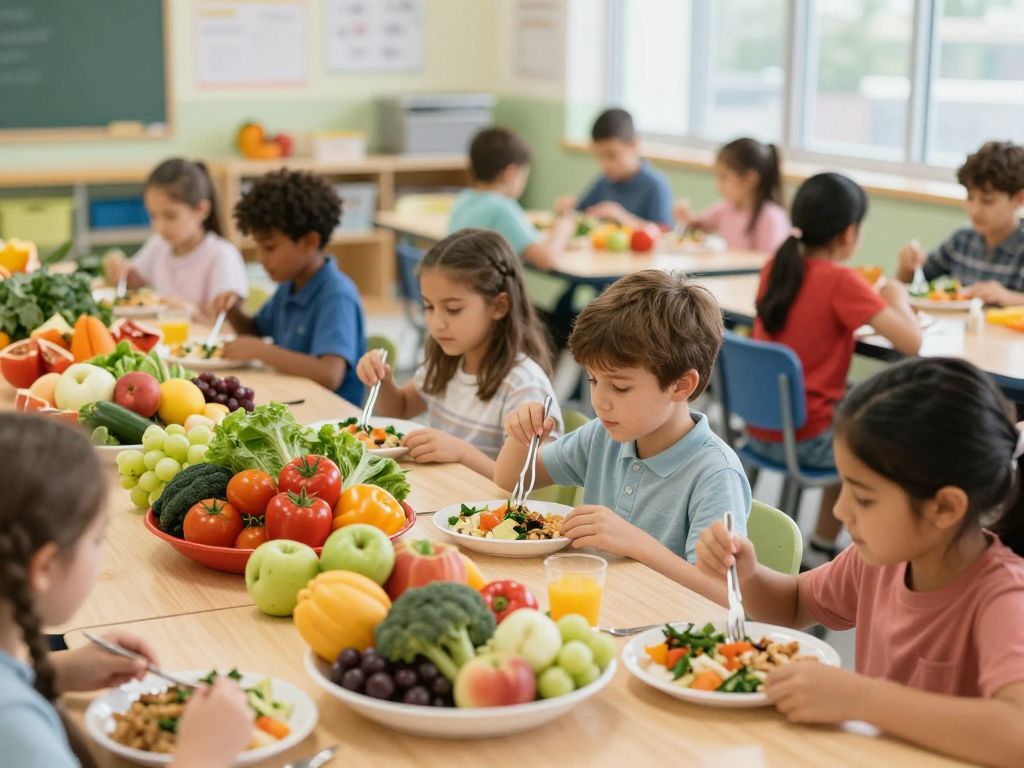 Students enjoying fresh produce in a school cafeteria.